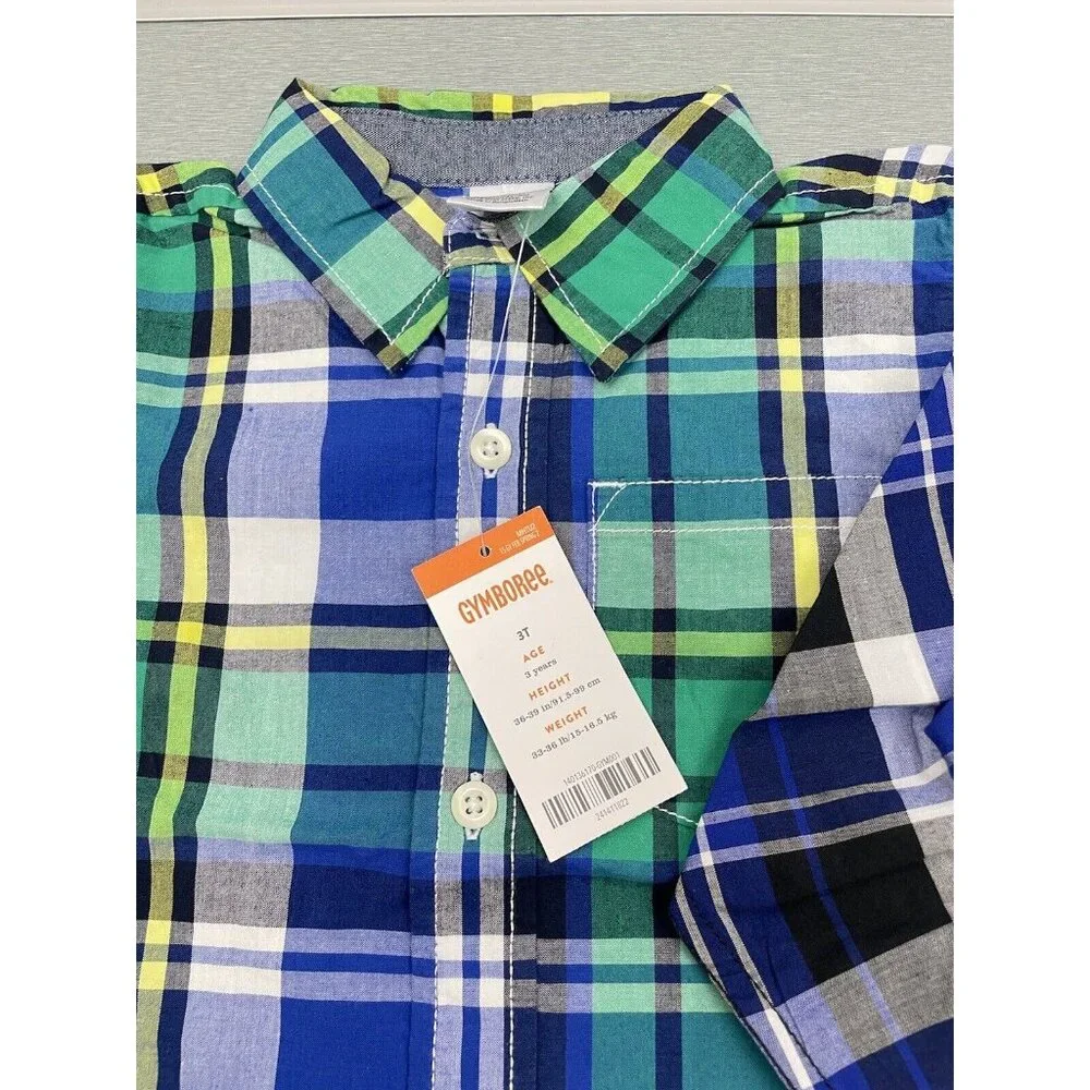 GYMBOREE Toddler Boy 2-Pcs Button Front Plaid Shirt 100% Cotton Blue/Green 3T - Picture 11 of 11